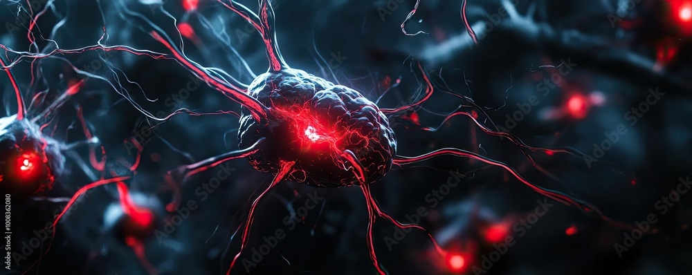 Poster Close-up view of a neuron with glowing connections, showcasing the intricate structure of the nervous system and its dynamic nature.