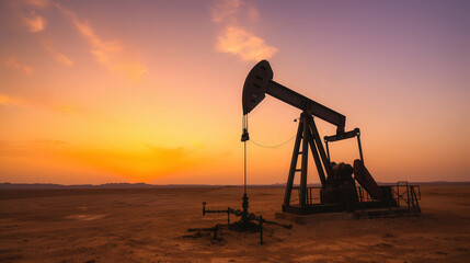 Twilight Oil Pump, an industrial oil pump machine stands silhouetted against a vibrant twilight sky, set in a stark, barren desert landscape, showcasing the contrast of nature and industry