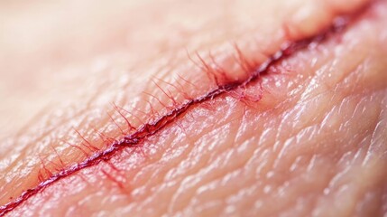 Fototapeta premium Close-up of a healing surgical incision with visible stitches, showcasing the texture and color of skin after surgery.