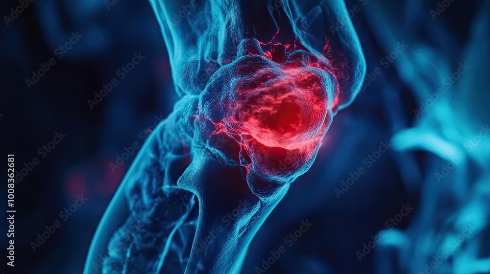 Aufkleber close-up view of a human joint with a visible inflammation, showcasing the digital representation of
