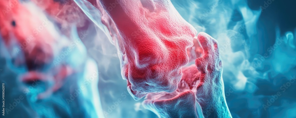 Poster a close-up view of a knee joint with vibrant colors, showcasing the intricate details of anatomy and