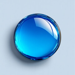 Shiny blue round button with reflective surface in a minimalist and modern abstract design on a neutral background