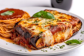A Baked Eggplant Parmesan With A Side Of Whole Wheat Spaghetti And Marinara Sauce, Garnished With Fresh Basil, Healthy Food Photography, Food Healthy Menu Style Photo Image