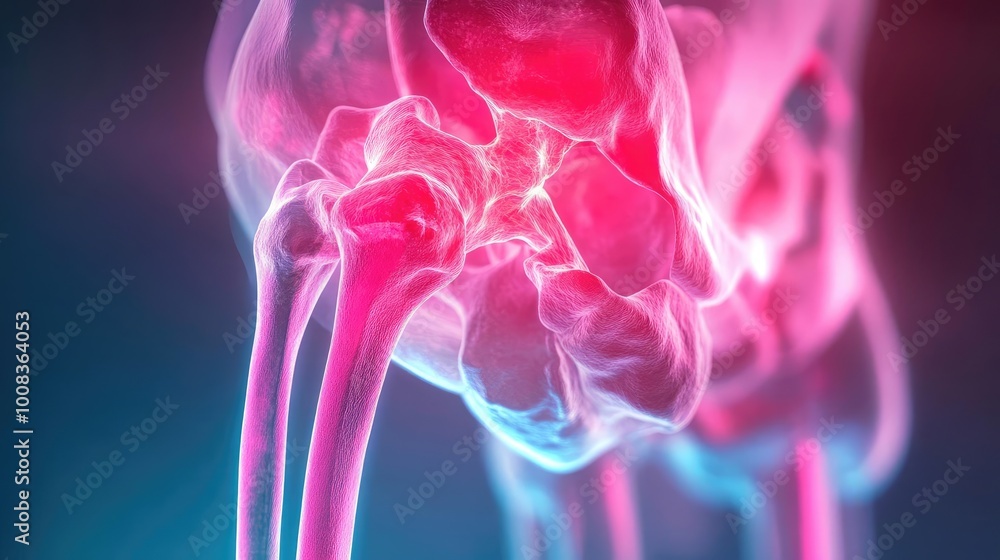 Poster close-up view of a human joint with glowing pink and blue highlights, showcasing its intricate struc