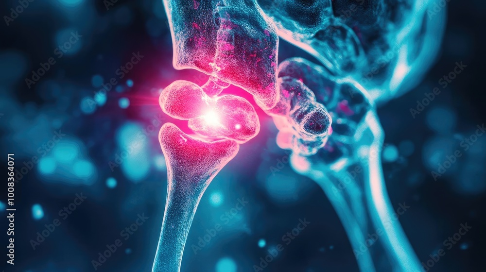 Poster detailed visual of a human joint showcasing its structure with vibrant colors and digital effects, r