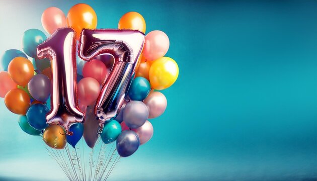 Banner with number 17 colorful balloons with copy space