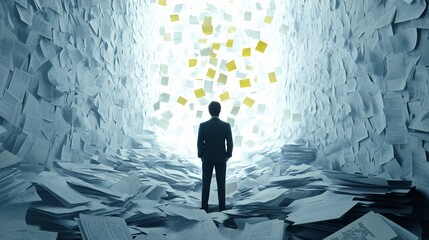 Staring at a wall of documents and sticky notes, the person contemplates the overwhelming workload ahead