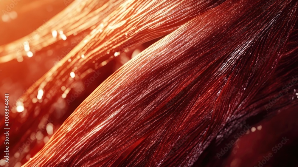 Aufkleber Close-up view of muscle tissue showcasing intricate fibers and textures, emphasizing biological depth and structure.