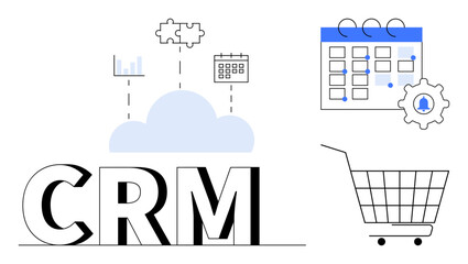 Large CRM letters with a cloud, analytics, and calendar icons. Shopping cart and gear symbols are present. Ideal for business management, customer relationships, data analysis, eCommerce