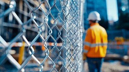 Construction engineer behind wire fence outdoors in construction site