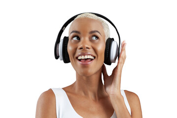 Smiling African woman wears white headphones and listening music playlist or podcast, laughing portrait looking on side isolated on white background.