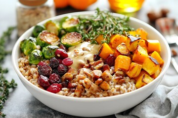 Fototapeta premium A Grain Bowl With Farro, Roasted Brussels Sprouts, Butternut Squash, Cranberries, And A Maple Tahini Dressing, Healthy Food Photography, Food Healthy Menu Style Photo Image