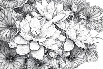 Intricate illustration of lotus flowers and leaves in black and white.