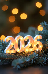 Glowing backlit numbers 2026 on a blurred background with bokeh lights of pine branches. Happy New Year. Festive vertical banner, card.
