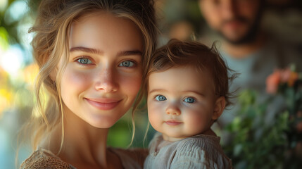 Fototapeta premium A close-up face of a smiling mother holding her cute baby close looks on lovingly