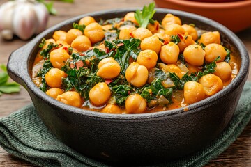 A Hearty Kale And Chickpea Stew With Roasted Garlic And Red Pepper Flakes, Served In A Cast Iron Pot, Healthy Food Photography, Food Healthy Menu Style Photo Image