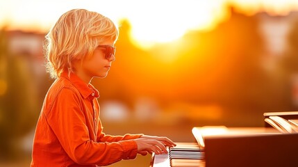 Child playing piano outdoors during sunset, wearing sunglasses, vibrant orange shirt