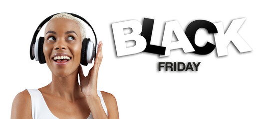 Black Friday sale. Smiling African woman wears white headphones. Isolated on white background look...
