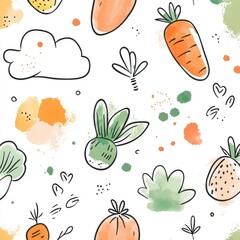 Hand-Drawn Cute Vegetables, Burrows, Flowers, and Clouds Seamless Pattern for Nursery