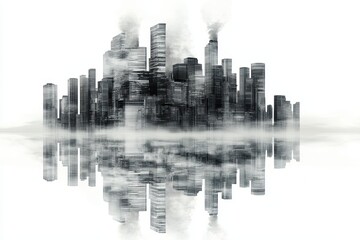 Misty cityscape reflection in tranquil waters