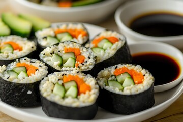 A Plate Of Cauliflower Rice Sushi Rolls Filled With Avocado, Cucumber, And Carrots, With A Side Of Soy Dipping Sauce, Healthy Food Photography, Food Healthy Menu Style Photo Image