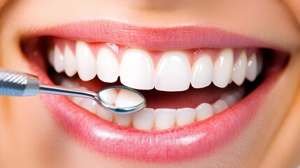 Fototapeta premium Close-up of a smiling mouth with perfect teeth and dental tool.
