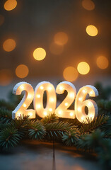 Glowing backlit numbers 2026 on a blurred background with bokeh lights of pine branches. Happy New Year. Festive vertical banner, card.