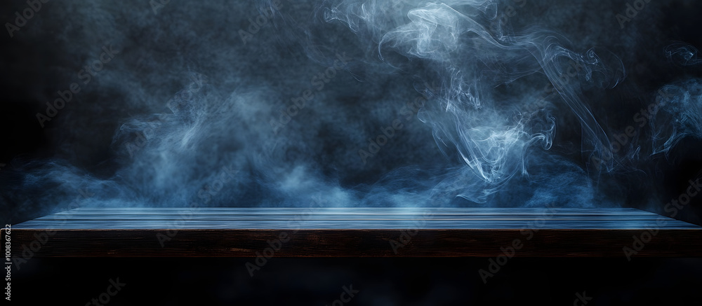 Poster a dark background enhances the visual appeal of an empty wooden table with smoke rising creating an 
