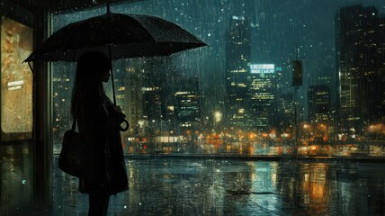 Young woman waiting for public transport inside modern transparent shelter,woman holding a umbrella and standing on a bus stop while waiting for a public transport on a rainy day at the night.