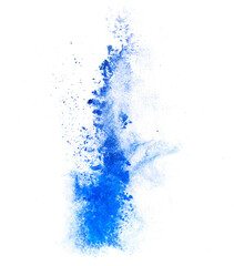 Abstract blue powder explosion, colorful motion of paint particles, holi paints isolated on transparent background. Concept of graphic design elements, art