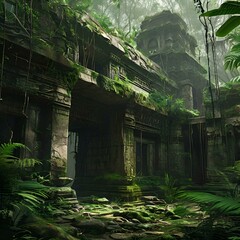 Lush jungle scene filled with diverse plants and towering trees, showcasing vibrant greenery and natural beauty.