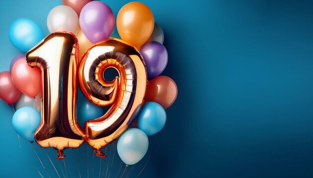 Banner with number 19 colorful balloons with copy space