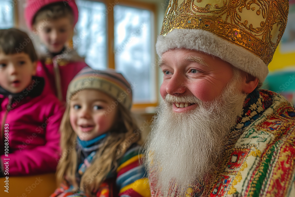 Wall mural Joyful Classroom Visit by Saint Nicholas during Winter Season  