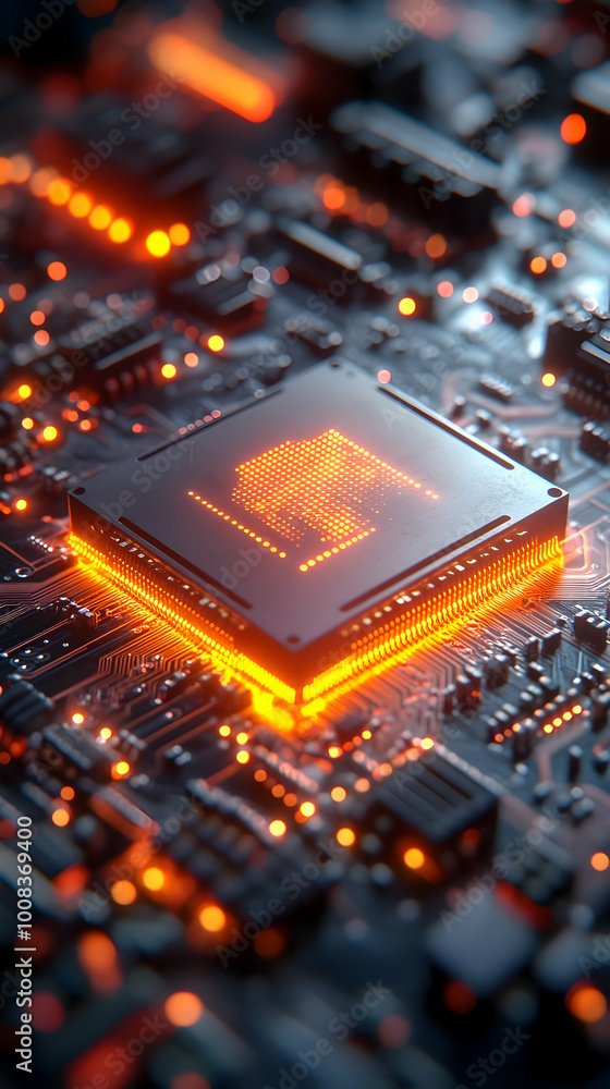 Poster 3d render of a circuit board with glowing cpu