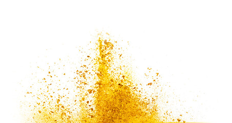 Abstract yellow powder explosion, colorful motion of paint particles, holi paints isolated on transparent background. Concept of graphic design elements, art