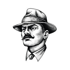 Mafia wearing a hat, hand drawing, detailed pointilism