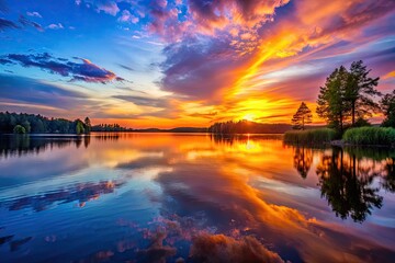 Obraz premium Beautiful sunset over a tranquil lake with vibrant colors reflecting on the calm water surface