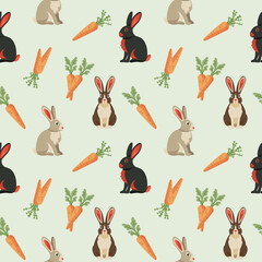 Colourful pattern of rabbits with carrots Vector seamless background. Black, brown and beige rabbit Animal seamless pattern. Cute colourful background for fabric, baby shower, kitchen, easter card.
