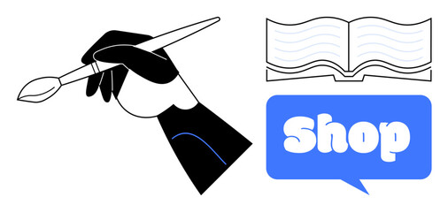 Hand holding a paintbrush next to an open book and a blue speech bubble with the word Shop inside. Ideal for art, literature, commerce, design, and creativity themes. Vector style, modern design