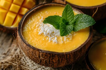 A Tropical Smoothie Made With Mango, Coconut Milk, And Turmeric, Served In A Coconut Shell With Fresh Mint, Healthy Smoothie Beverage Photography, Healthy Beverage Menu Style Photo Image