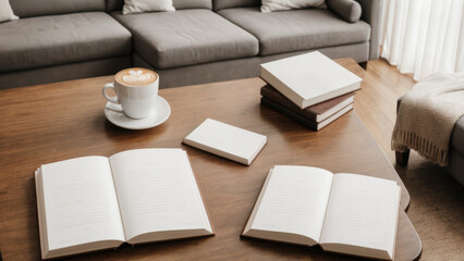 Books on the table with coffee
