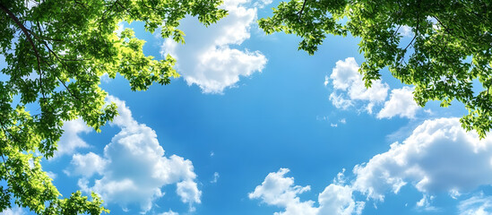 Obraz premium Blank blue sky with fluffy clouds and green tree branches in the foreground providing copy space image