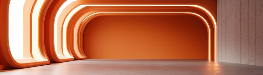 Naklejka premium Modern interior with curved designs and soft lighting in warm orange hues.