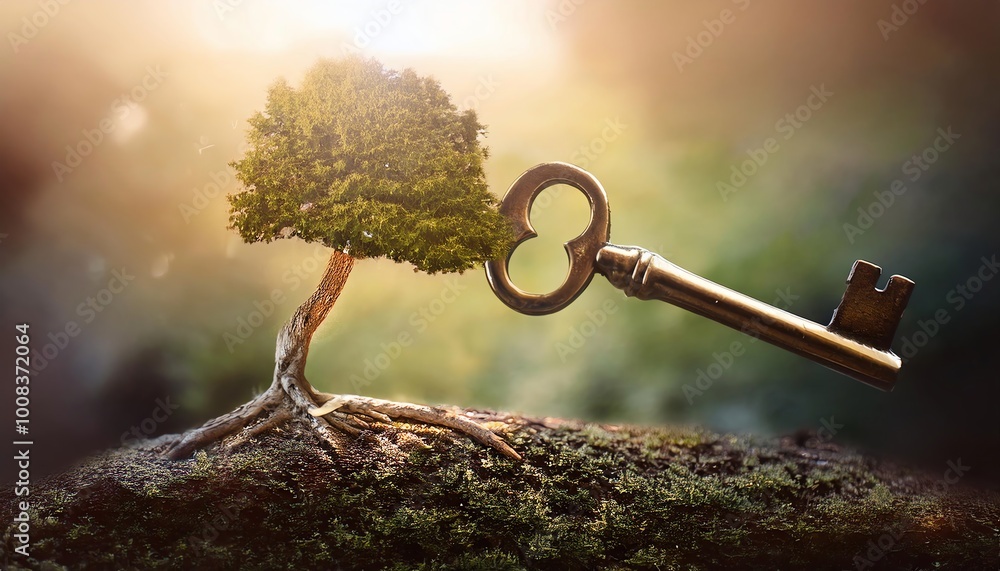Poster a surreal image depicting a tree growing from the ground with an oversized key inserted into its tru