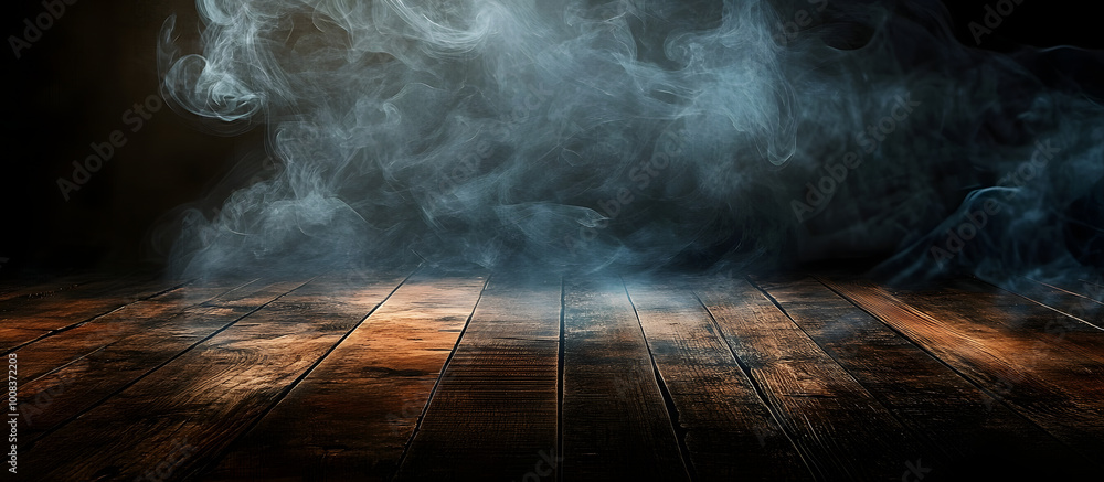 Poster a dark background enhances the visual appeal of an empty wooden table with smoke rising creating an 