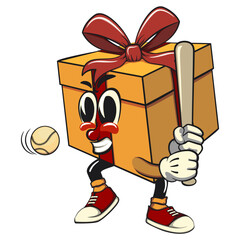 cartoon gift box gold with a red ribbon isolated vector illustration playing baseball ready to hit the ball with the bat, the concept of birthday, Christmas, new year, work of hand drawn
