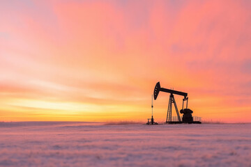 Fototapeta premium Oil pumpjack silhouetted against a bright sunset on snowy field