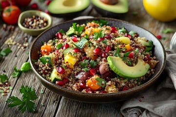 A Vibrant Quinoa Salad With Roasted Vegetables, Avocado Slices, Pomegranate Seeds, Lemon Tahini Drizzle On A Wooden Table, Healthy Food Photography, Food Healthy Menu Style Photo Image