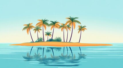 A small tropical island with palm trees reflected in the clear blue water.