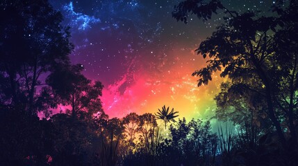 A dreamy garden silhouette with the northern lights casting a colorful glow, creating a serene focal point of light against the dark sky.